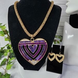 Gold Chain Necklace Large Purple Sequin Heart Pendant Earrings Set New